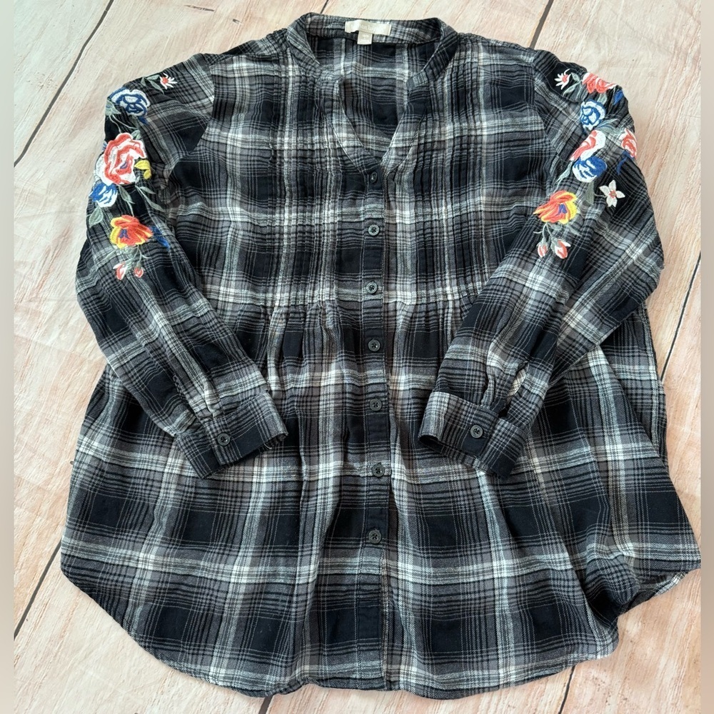 Woman Within Plaid Button-up Y2K Baby Doll Floral Embroidered  Shirt Large 18/20